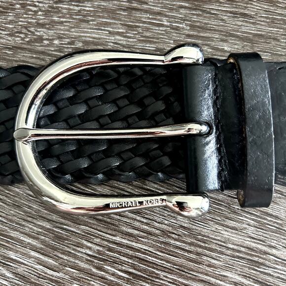 EUC Michael Kors Black Braided Leather Belt Silver Buckle Medium Classic Chic MK - Picture 6 of 13